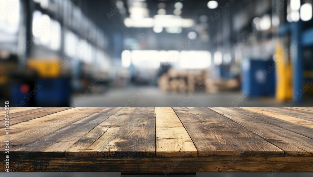 A wooden table in an industrial workspace setting. A wooden table in an industrial workspace setting.