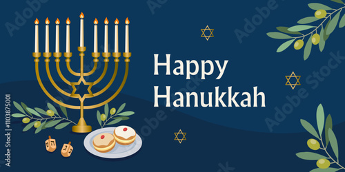 Design for the Jewish holiday of Hanukkah, Hanukkah symbols menorah, spinning top, donuts. Perfect for greeting cards, banners, posters, etc. Vector illustration