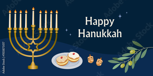 Design for the Jewish holiday of Hanukkah, Hanukkah symbols menorah, spinning top, donuts. Perfect for greeting cards, banners, posters, etc. Vector illustration