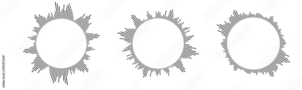 Radial sound wave concentric audio rhythm line dynamic set. Radial signal or vibration elements. Depicting audio music Radial sound wave concentric audio rhythm line dynamic set. Radial signal or vibration elements. Depicting audio music