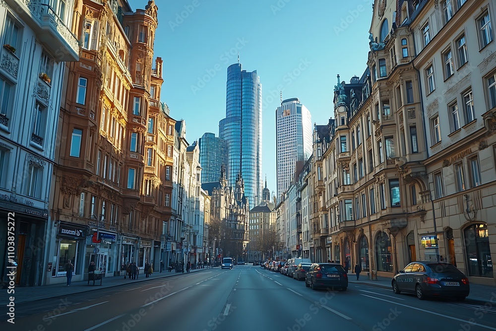 Fototapeta premium German City Street High-rises, People, and Classic Architecture