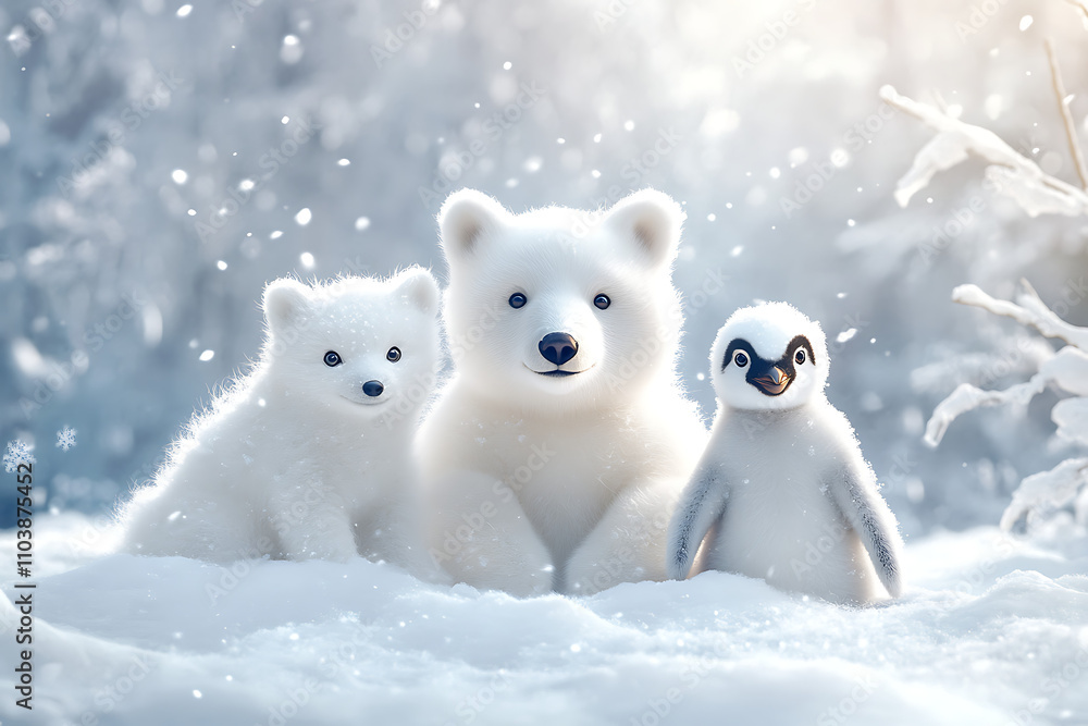 A snowy scene featuring two polar bear cubs and a penguin. A snowy scene featuring two polar bear cubs and a penguin.