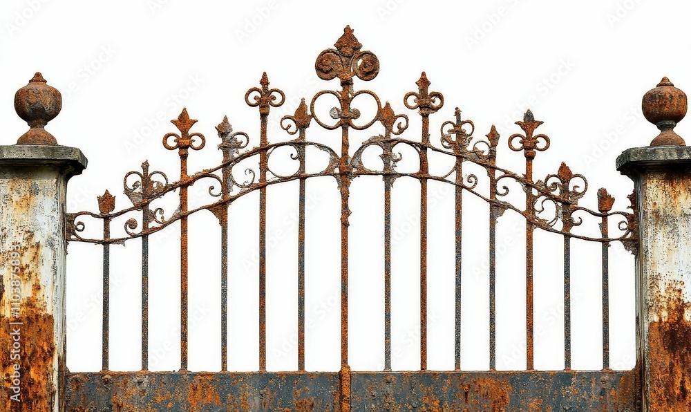 Naklejka premium Rusty ornate iron gate, weathered detail.