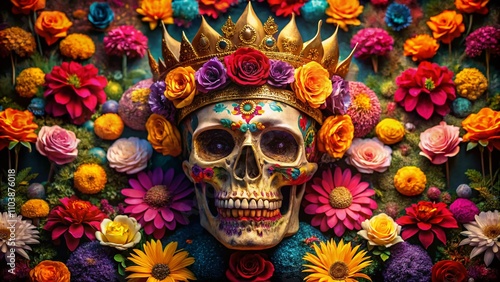 Surreal Elegance: A Luxurious Crowned Skull for Day of the Dead Celebrations, Merging Tradition with Opulence in a Captivating Visual Feast of Color and Culture