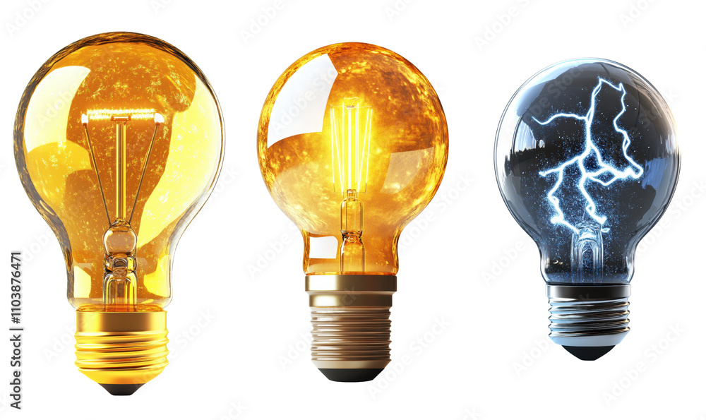Three light bulbs showcasing different designs: one with a warm glow, one clear, and one emitting electric sparks. Three light bulbs showcasing different designs: one with a warm glow, one clear, and one emitting electric sparks.