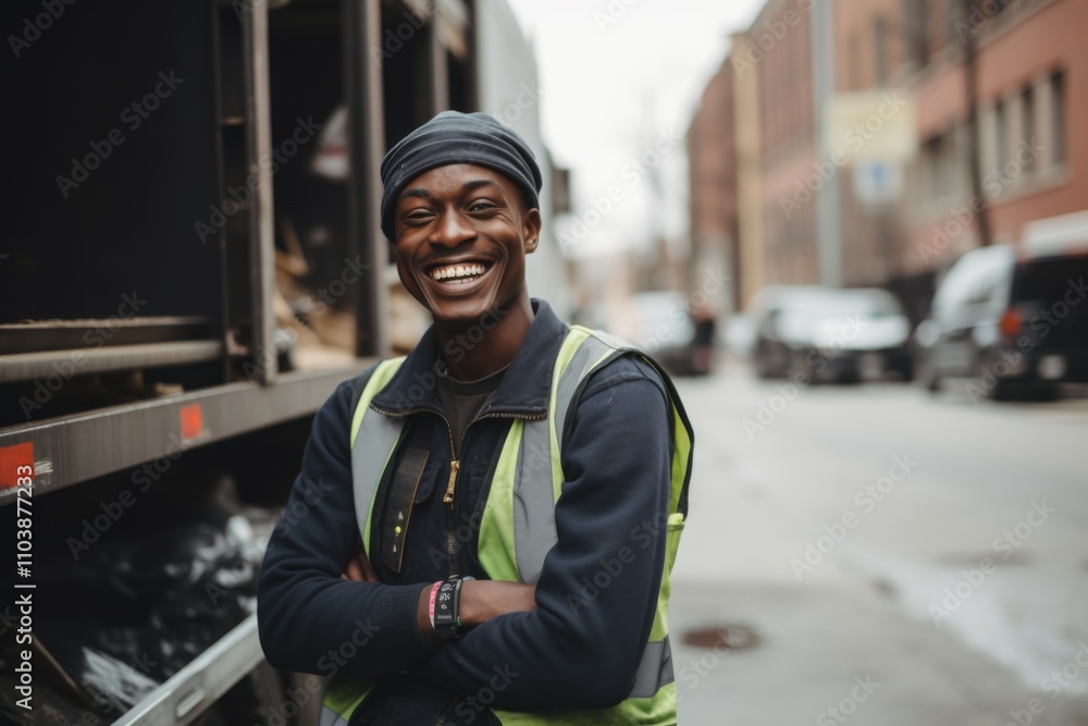 Smiling portrait of a young male African American garbage worker Smiling portrait of a young male African American garbage worker