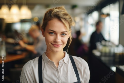 Smiling portrait of a young female waitress in cafe