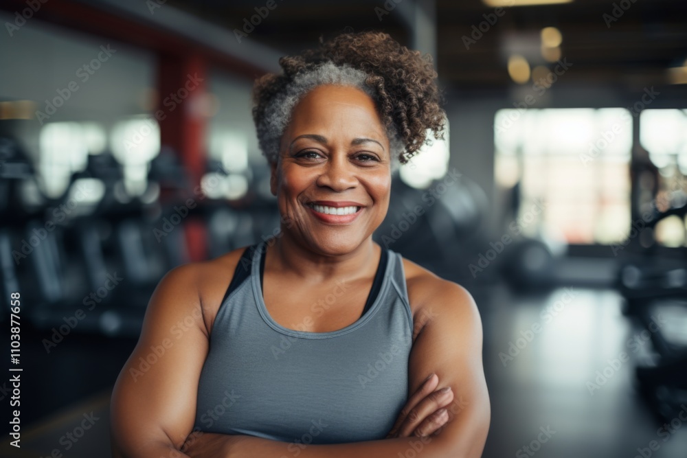 Smiling portrait of a middle aged slightly overweight woman in gym Smiling portrait of a middle aged slightly overweight woman in gym