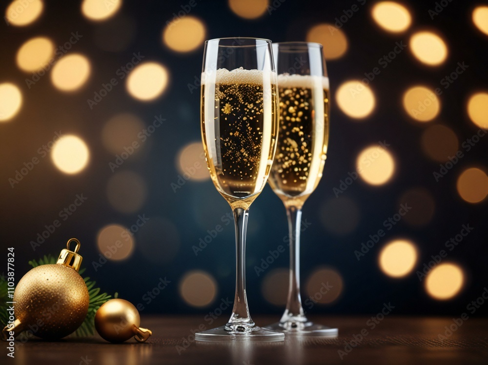 two glasses of champagne and christmas tree two glasses of champagne and christmas tree