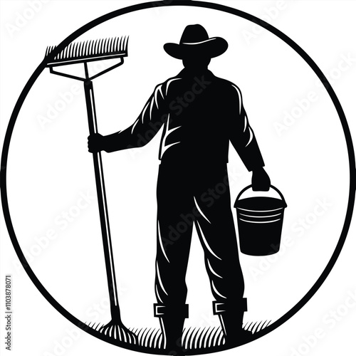 a black silhouette of a man wearing a cowboy hat and holding a rake