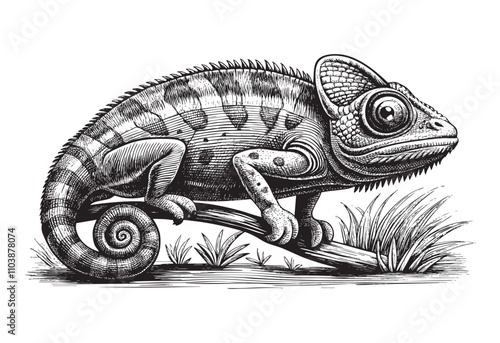 iguana on a branch chameleon lizard sketch hand dawn drawing vector illustration