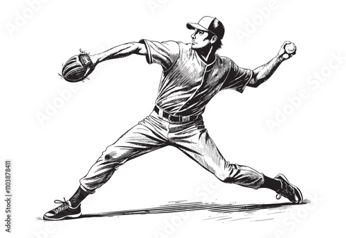 baseball player pitcher throw the ball sketch hand dawn drawing vector illustration