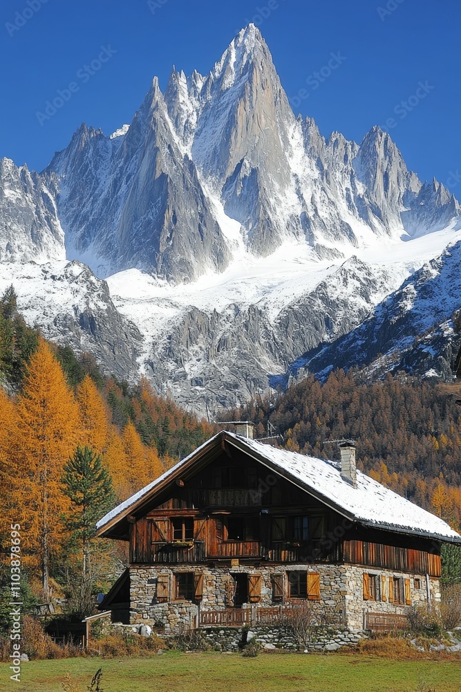 Alpine chalet, snow-capped mountains, autumn trees. Alpine chalet, snow-capped mountains, autumn trees.