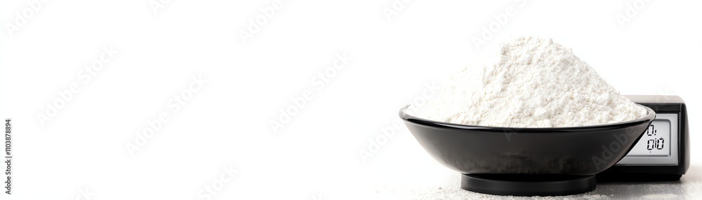 White flour in a black bowl, isolated on white background. White flour in a black bowl, isolated on white background.