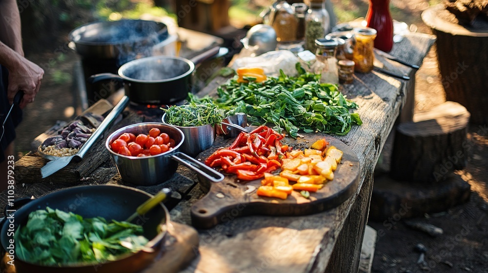 Fototapeta premium Gourmet ingredients laid out at a campsite, ready for a sophisticated outdoor cooking experience.