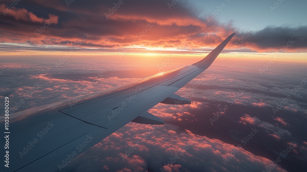 Closed-up of airplane wing and flaps during flight, sky backdrop, ample copy space, more clarity with clear light and sharp focus, high detailed.