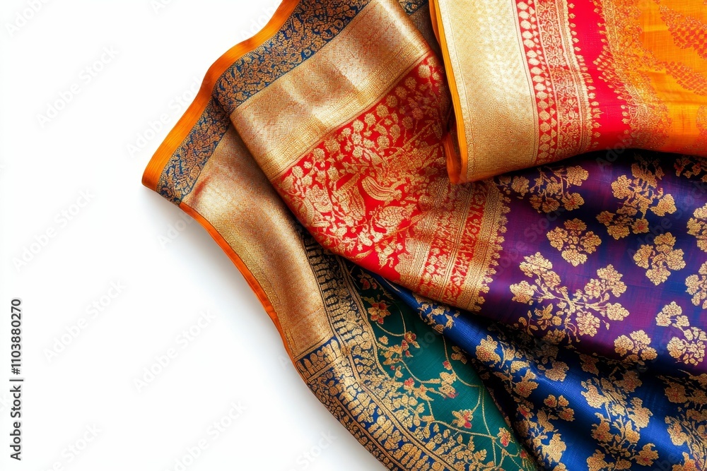 Colorful silk saree, gold patterned fabric. Colorful silk saree, gold patterned fabric.