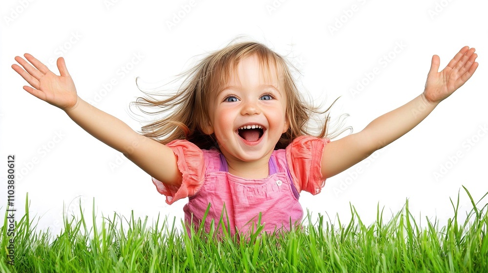 A joyful child with arms outstretched, surrounded by green grass, smiling brightly against a white background. A joyful child with arms outstretched, surrounded by green grass, smiling brightly against a white background.