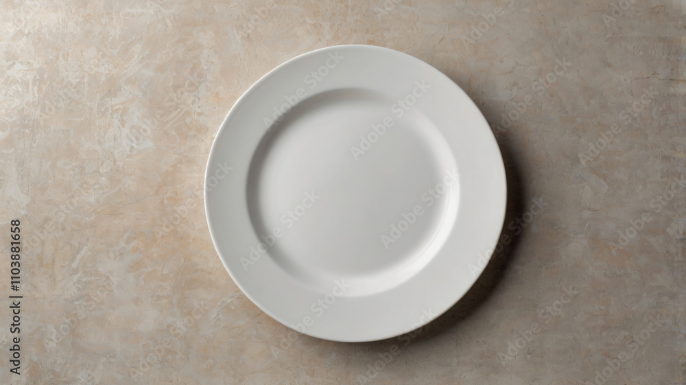 From above, a white empty plate on a light granite counter top From above, a white empty plate on a light granite counter top