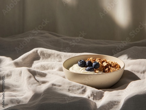 Healthy yogurt & fruit bowl in cozy kitchen