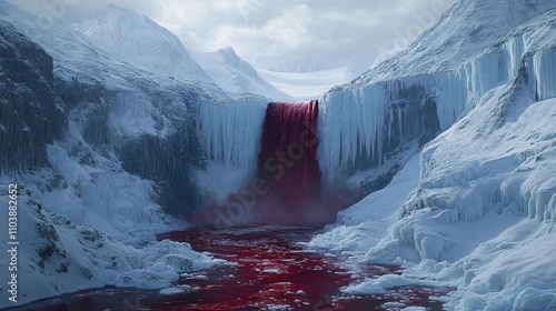 Stunning View of Blood Falls in Antarctica with Icy Glaciers and Red Water Flowing Amidst Snow-Covered Landscape Under Cloudy Sky