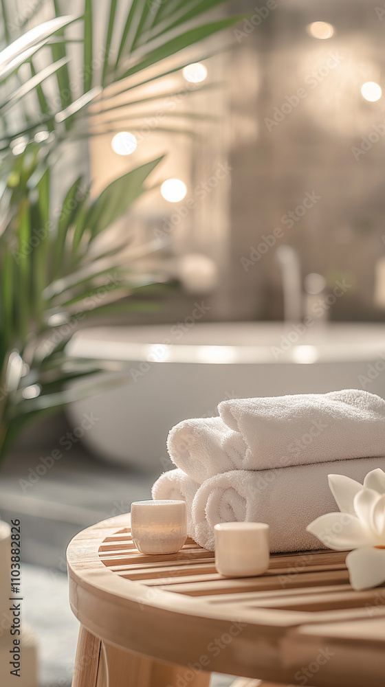 Close-up view of spa accessories on wooden table over blurred bathroom interior