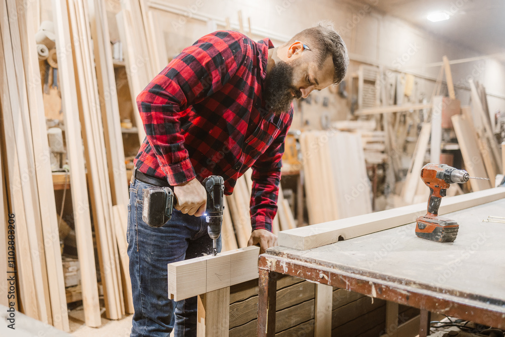 Carpenter Working in Workshop Carpenter Working in Workshop