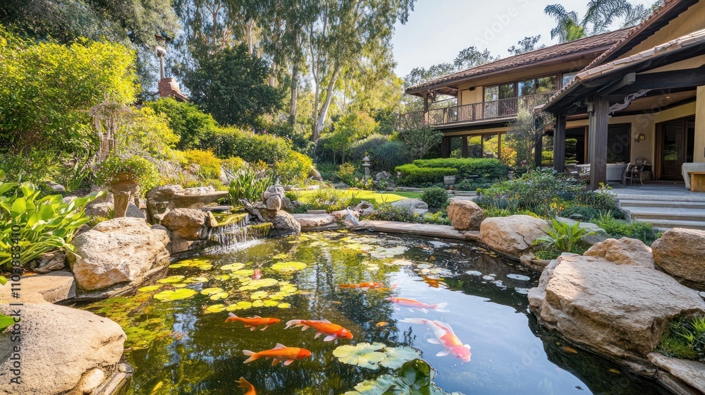 Obraz premium Koi Pond and Waterfall Feature in Lush Backyard Garden