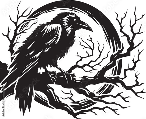 Intricate Black and White Raven Perched on Bare Branches. A striking black and white graphic illustration of a raven perched on a gnarled, bare tree branch.