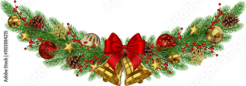 christmas decoration with pine branches and decorations. christmas garland with fir branches, gold bells with red bow, christmas balls and pine cones