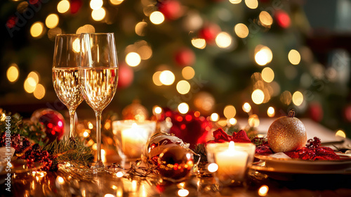 Christmas celebration with two glasses of sparkling wine, festive decorations, and warm candlelight creating cozy atmosphere. Perfect for holiday gatherings