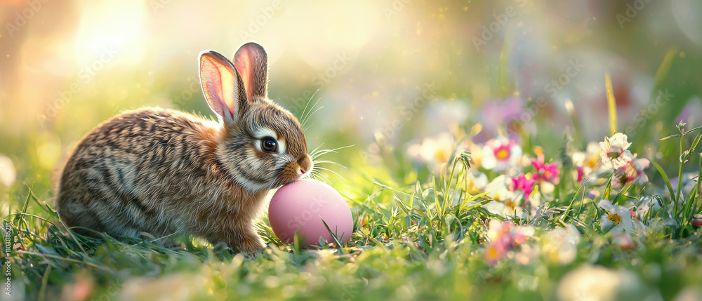 small brown bunny sits in field of flowers, gently nudging pink egg. scene is vibrant and captures essence of spring, evoking feelings of joy and renewal small brown bunny sits in field of flowers, gently nudging pink egg. scene is vibrant and captures essence of spring, evoking feelings of joy and renewal