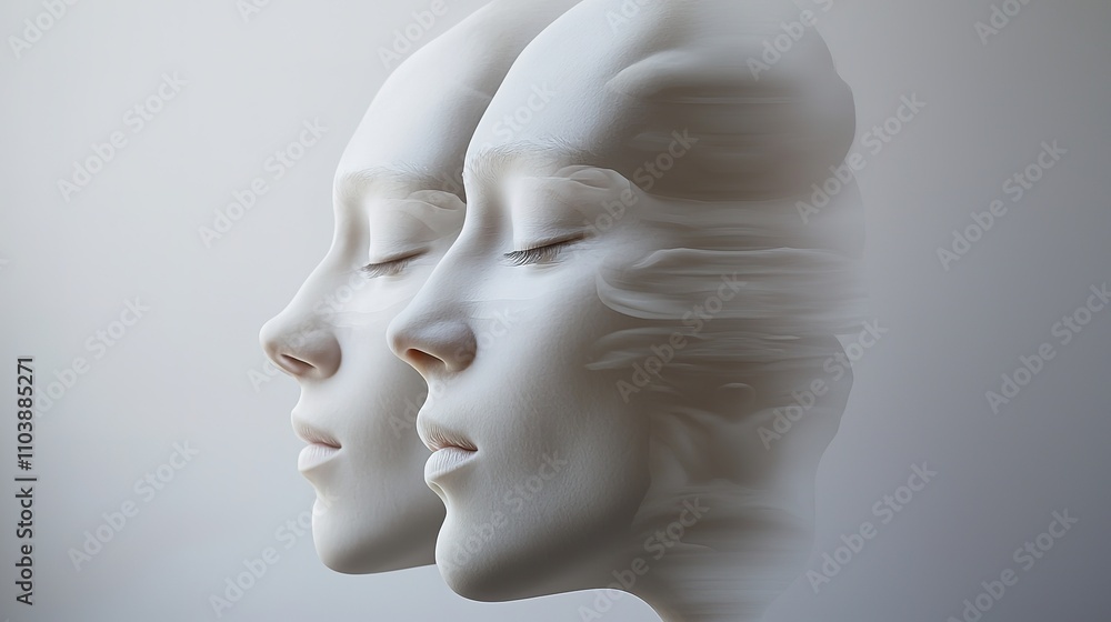 Two ethereal faces appear in profile, merging seamlessly, embodying a blend of art, emotion, and ethereal beauty.