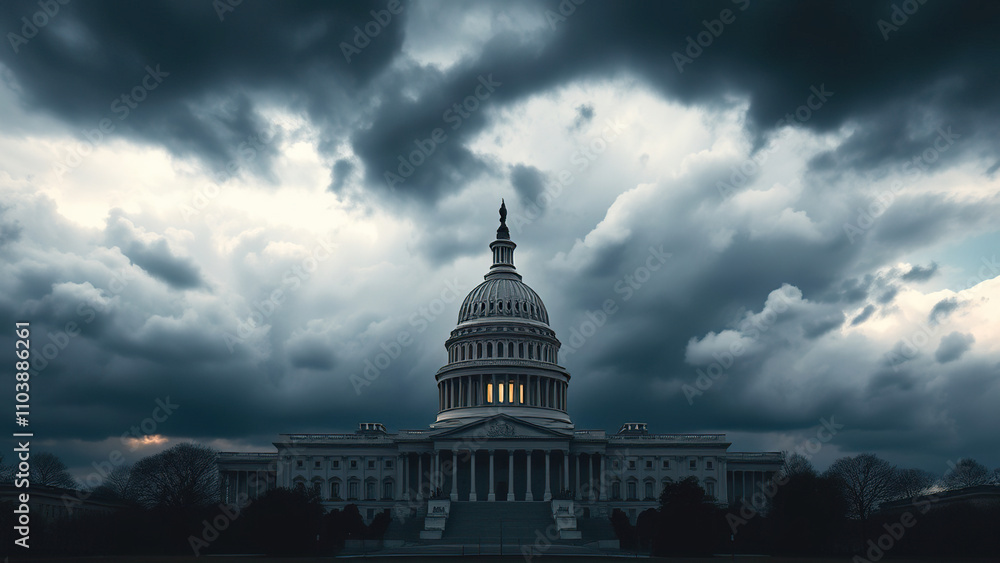 Fototapeta premium Clouds Gather Above Capitol Building Washington D C, heavy rain, ominous clouds gather above US Capitol building in Washington D.C., stormy weather, darkening the city's skyline