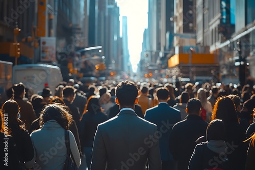 Grey Suit Man Walking Dense Cityscape, Rush Hour Blur