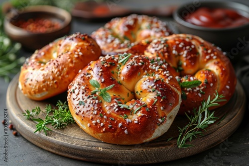 Freshly Baked Bagels Topped with Seeds and Herbs Served on Rustic Wooden Board with Sides of Spicy Sauce and Garnished with Green Leaves