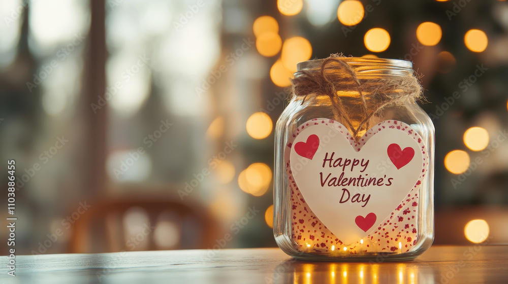 A decorative jar with a Valentine's Day message, illuminated by soft lights. A decorative jar with a Valentine's Day message, illuminated by soft lights.