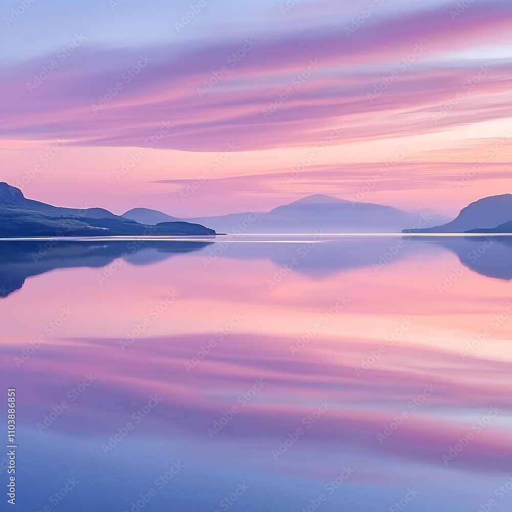 Fototapeta premium Pink and Purple Sunset over Calm Water with Mountain Reflections