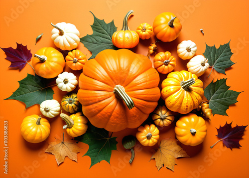 lorful Thanksgiving scene features top views of pumpkins and gourds surrounded by physalis flowers and maple leaves against an orange background. photo