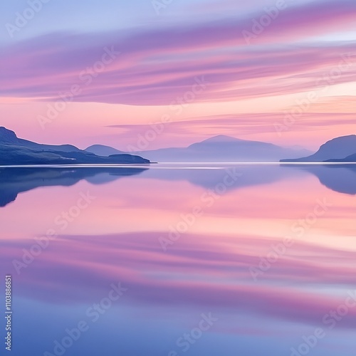 Pink and Purple Sunset over Calm Water with Mountain Reflections