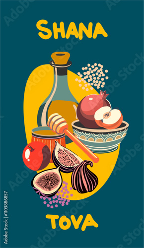 Rosh Hashanah!Shana Tova!Fully editable poster on the theme of the holiday of the beginning of the new Jewish year.Figs,pomegranates and apples-vector illustration in flat style with handwritten text