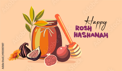 Rosh Hashanah!Shana Tova!Fully editable poster on the theme of the holiday of the beginning of the new Jewish year.Figs,pomegranates and apples-vector illustration in flat style with handwritten text