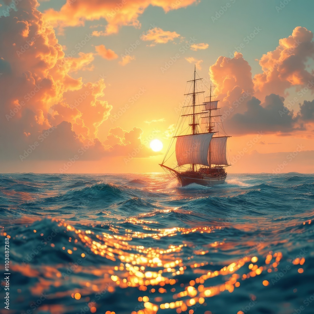 Fototapeta premium Crimson hues painted the ocean's canvas from a ship.