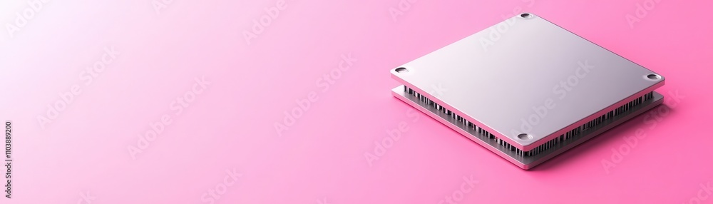 Protection against hacking and cyber attacks concept. A sleek, silver microprocessor sits on a vibrant pink surface, showcasing modern technology against a bold color backdrop. Protection against hacking and cyber attacks concept. A sleek, silver microprocessor sits on a vibrant pink surface, showcasing modern technology against a bold color backdrop.