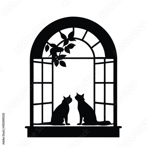 a black silhouette of a window with an arch above it. The window is open and there are two cats sitting on either side of the window