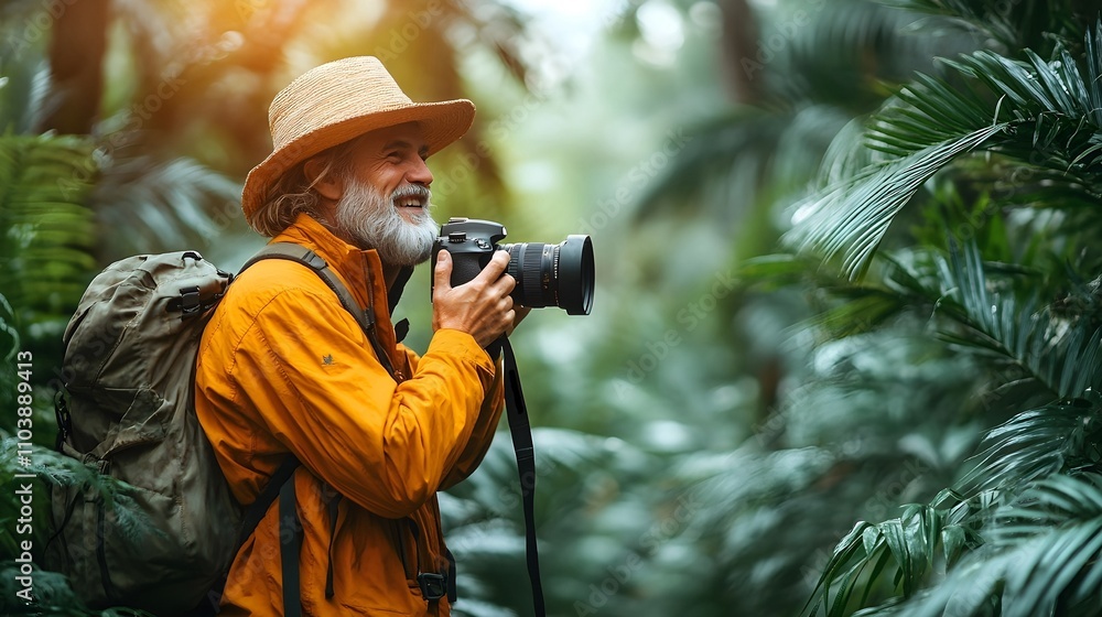 adventurous photographer exploring lush tropical jungle with a camera. adventurous photographer exploring lush tropical jungle with a camera.