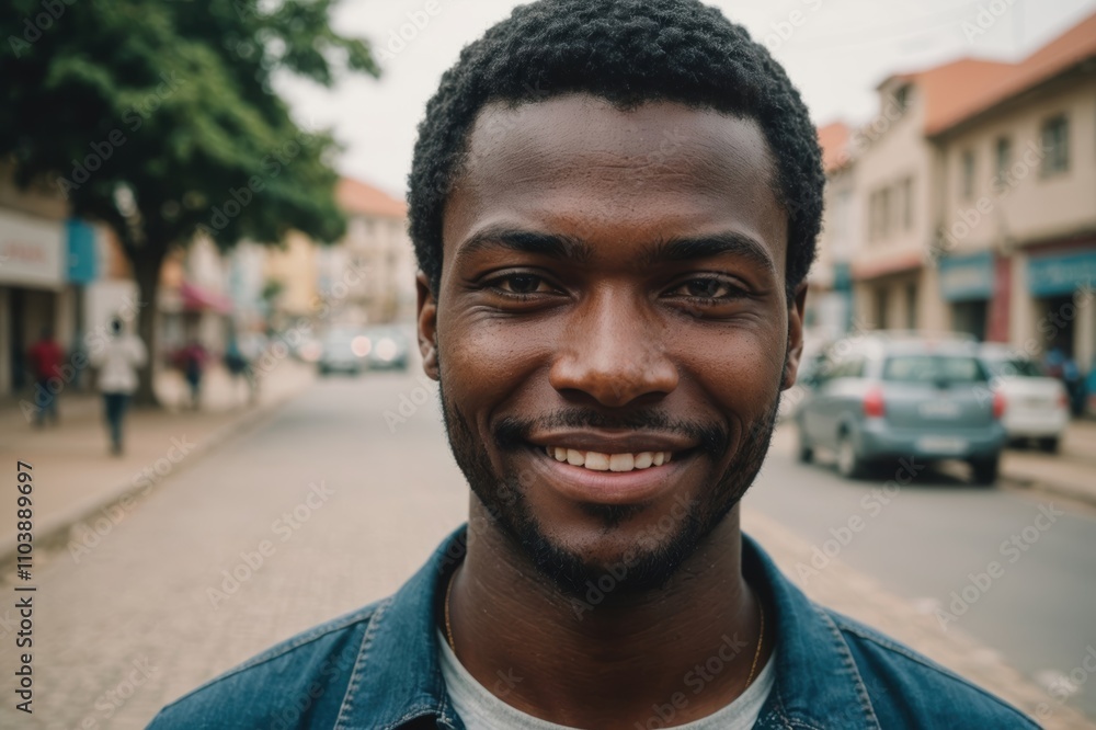 Close portrait of a smiling young Angolan man looking at the camera, Angolan city outdoors blurred background Close portrait of a smiling young Angolan man looking at the camera, Angolan city outdoors blurred background