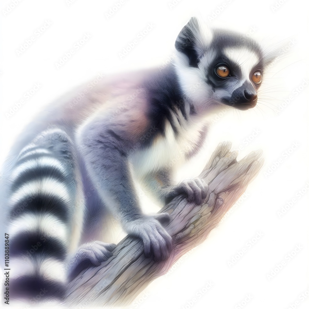Fototapeta premium 흰 배경, 알락꼬리 여우원숭이, 파스텔화, jpeg (white background, Ring tailed lemur, pastel painting, jpeg)