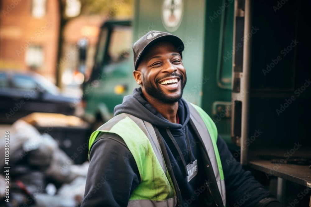 Smiling portrait of a young male African American garbage worker Smiling portrait of a young male African American garbage worker