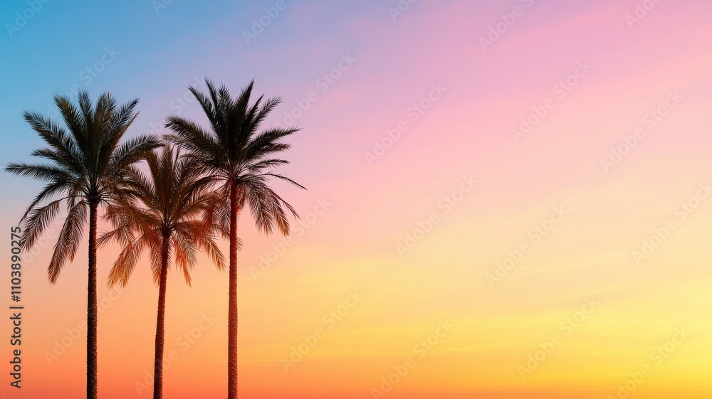 Obraz premium environmental consideration conservation nature concept. Serene sunset with palm trees against a colorful sky.